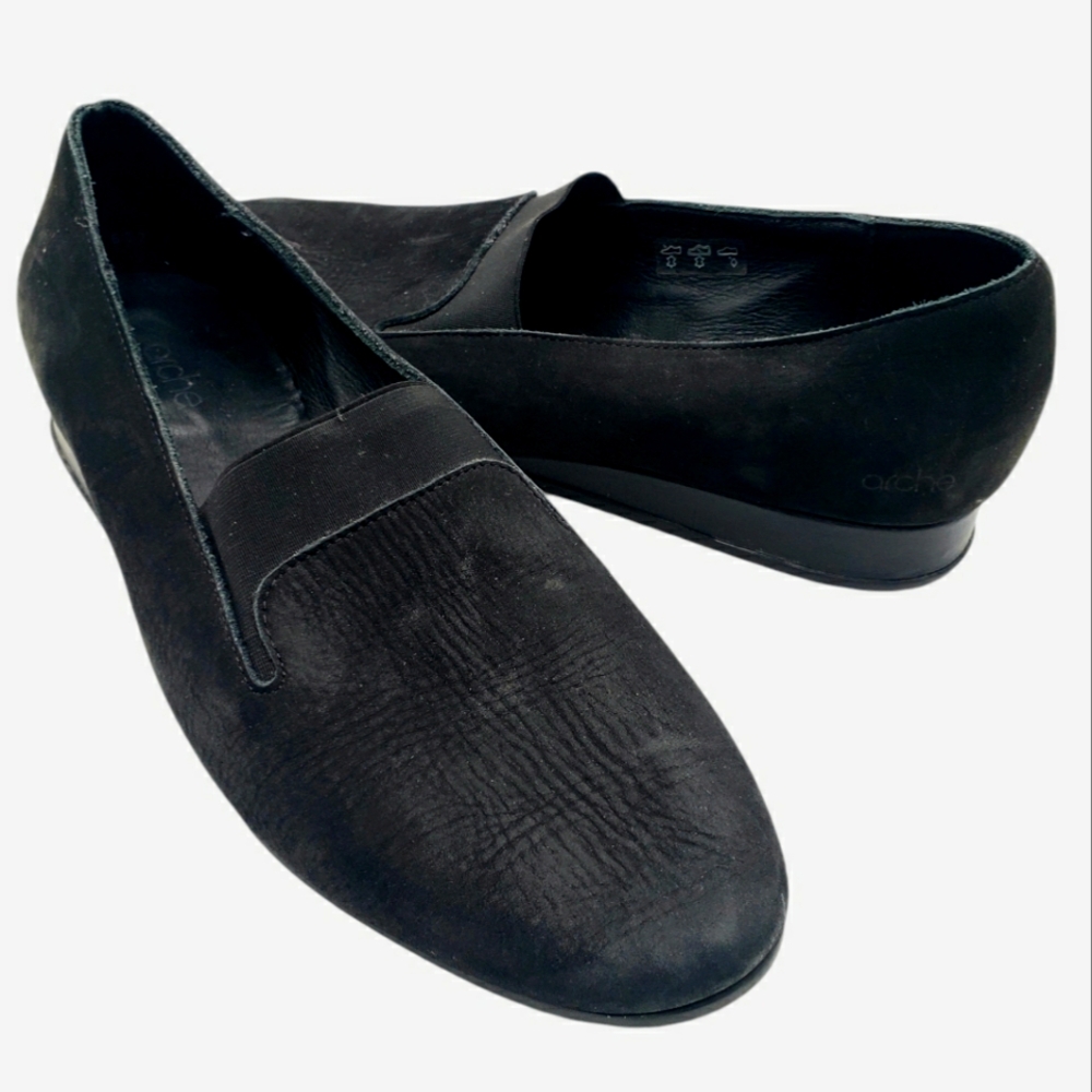 Arche Womens 9 Leather Mini Wedge Loafer Black Stretch Almond Toe Slip On Shoe